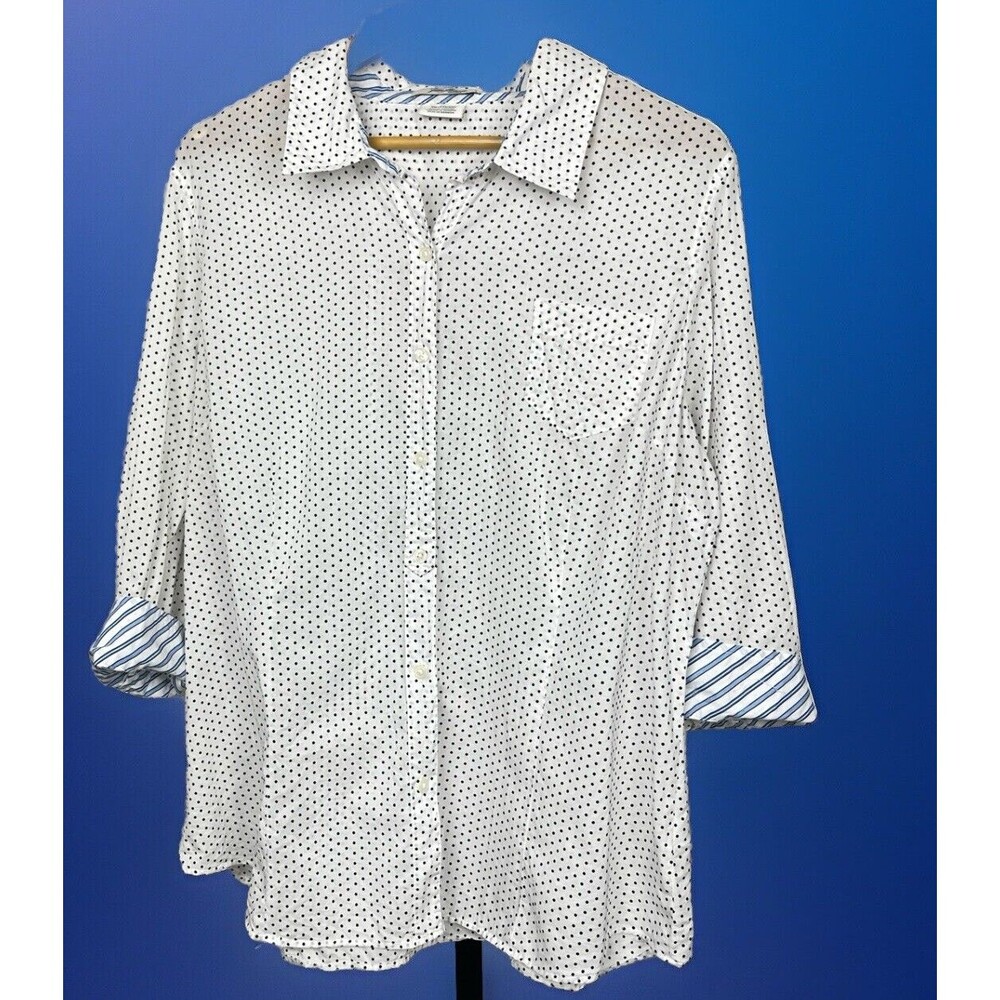 Van Heusen Button Up Blouse XXL White Navy Polka‎ Dot Flip Cuff Roll Tab Cotton